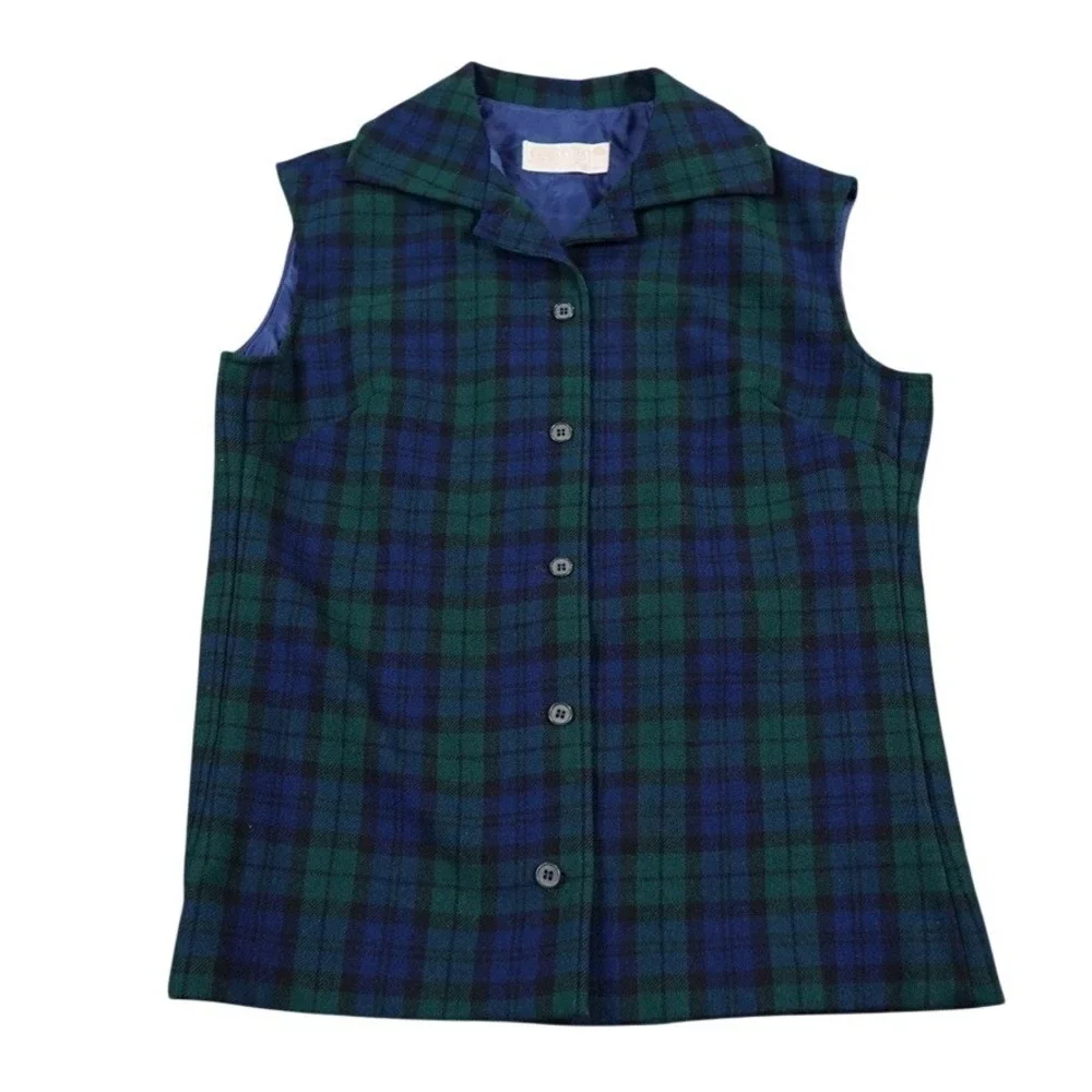 VTG Pendleton Vest Women 16 Plaid Blackwatch Wool Button Front Collar Made USA